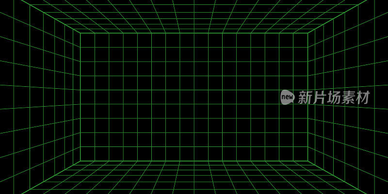 三维线框网格室。三维透视激光栅格16 9。网络空间黑色背景与绿色网格。虚拟现实中的未来数字走廊空间。矢量图